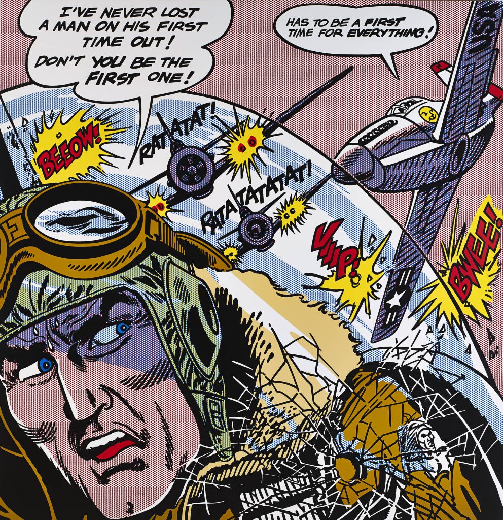 Comic book illustration of man piloting plane.